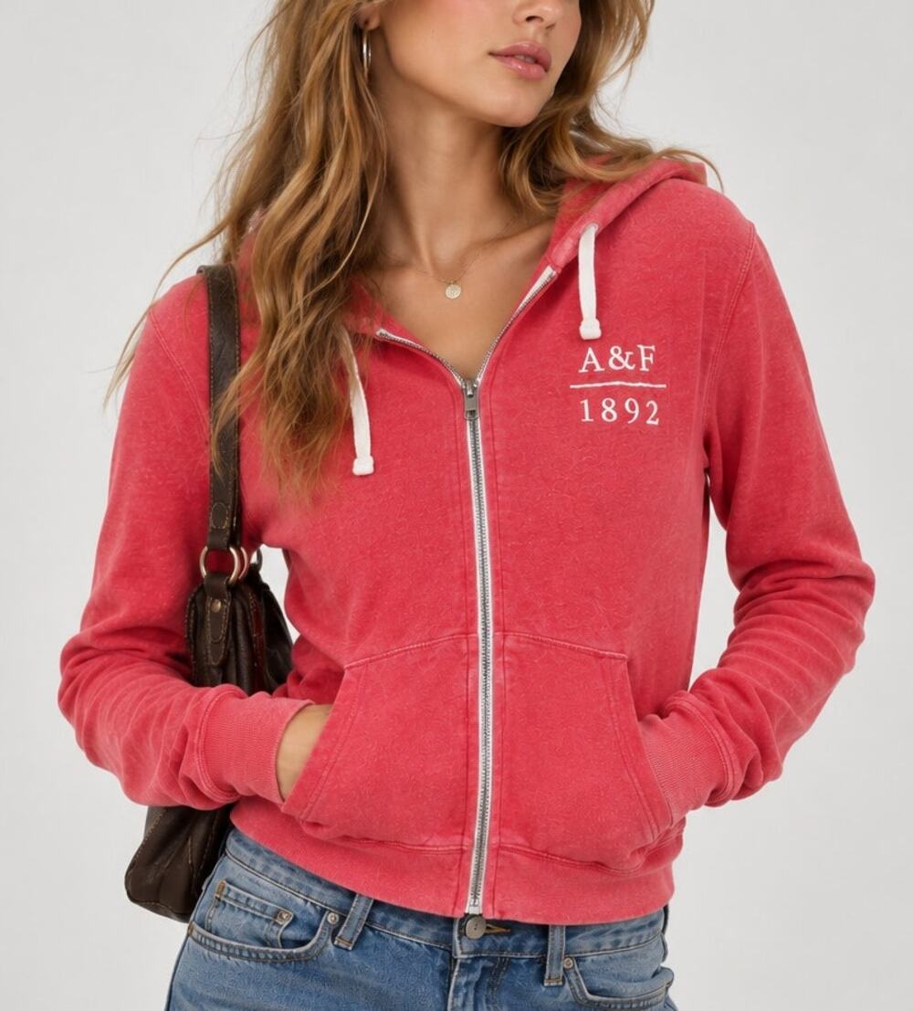 Vintage Y2K Abercrombie Womens Graphic Hoodie Jacket Full Zip S Red Mall Girl